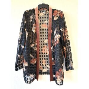 Caribou NY Black Floral Sheer Duster Jacket Velvet Trim Women’s Large Vintage